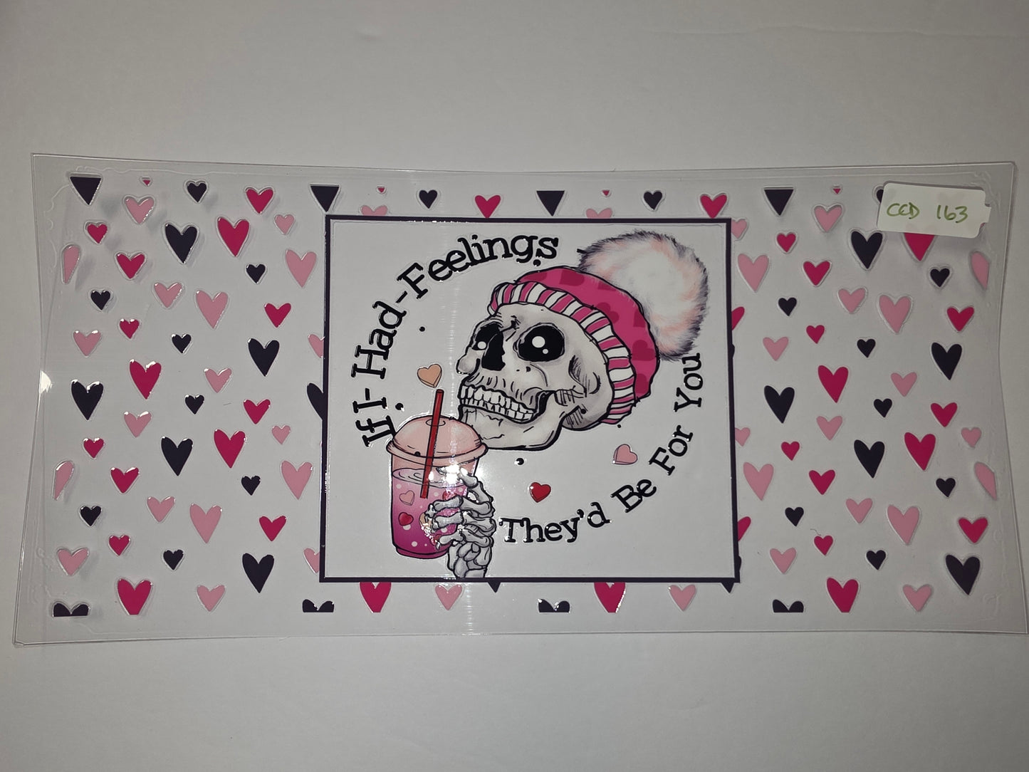 Pink & Black Hearts Skull Tumbler Wrap | "If I Had Feelings" Skeleton Drink Design