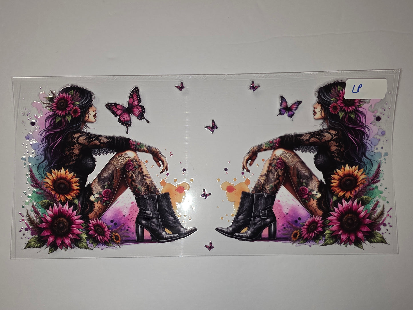 Gothic Tattoo Woman Sunflower Butterfly Tumbler Wrap | Dark Floral & Pink Accents