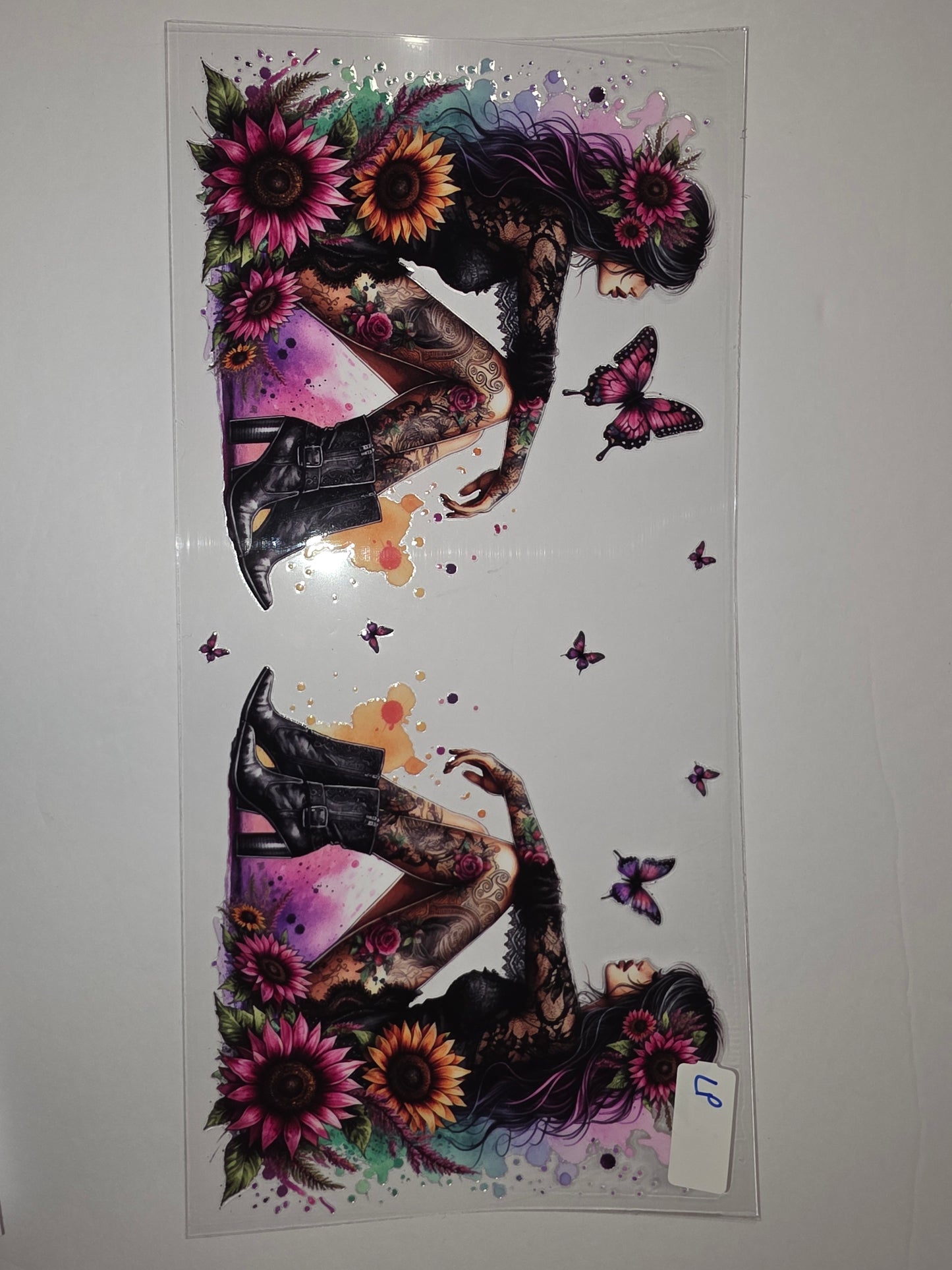 Gothic Sunflower Tattoo Girl Tumbler Wrap | Pink & Purple Floral Butterfly Design