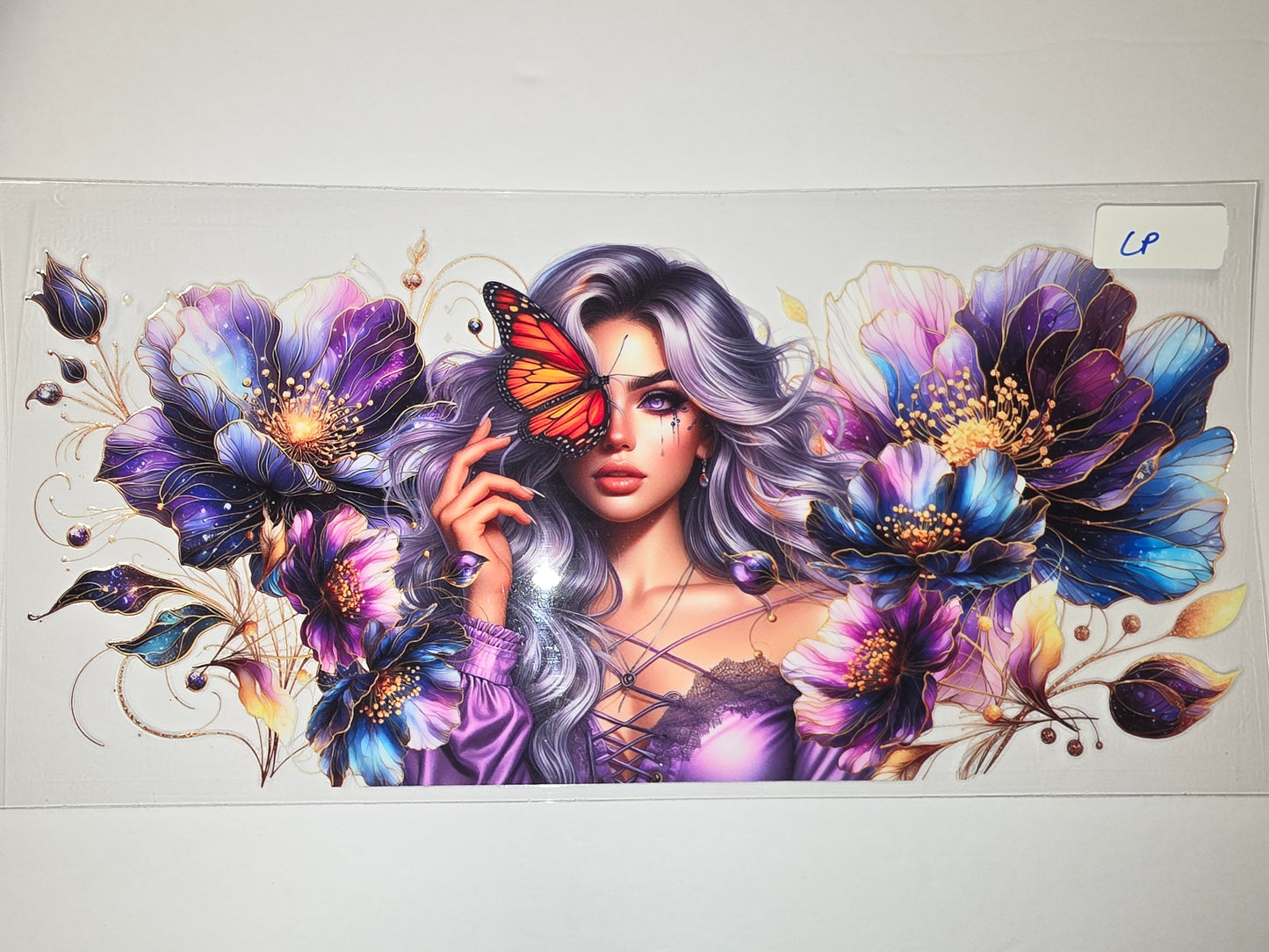 Enchanting Woman Butterfly Floral Tumbler Wrap - Purple, Blue, Orange - Sublimation Design