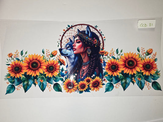 Boho Wolf Woman & Sunflowers Tumbler Wrap | Dreamcatcher Native American Style Design