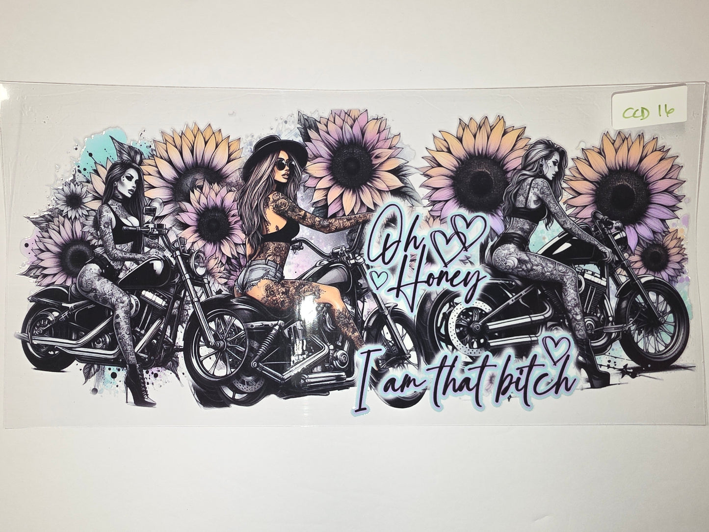 Tattooed Biker Girls & Sunflowers Tumbler Wrap | Edgy Floral Motorcycle Design