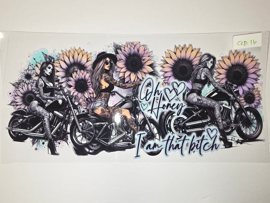 Tattooed Biker Girls & Sunflowers Tumbler Wrap | Edgy Floral Motorcycle Design