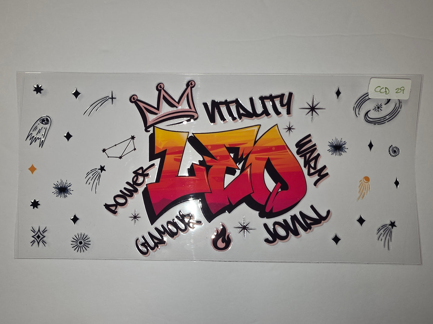 Graffiti Style "LEO" Tumbler Wrap with Crown & Cosmic Accents - Red, Orange, Yellow
