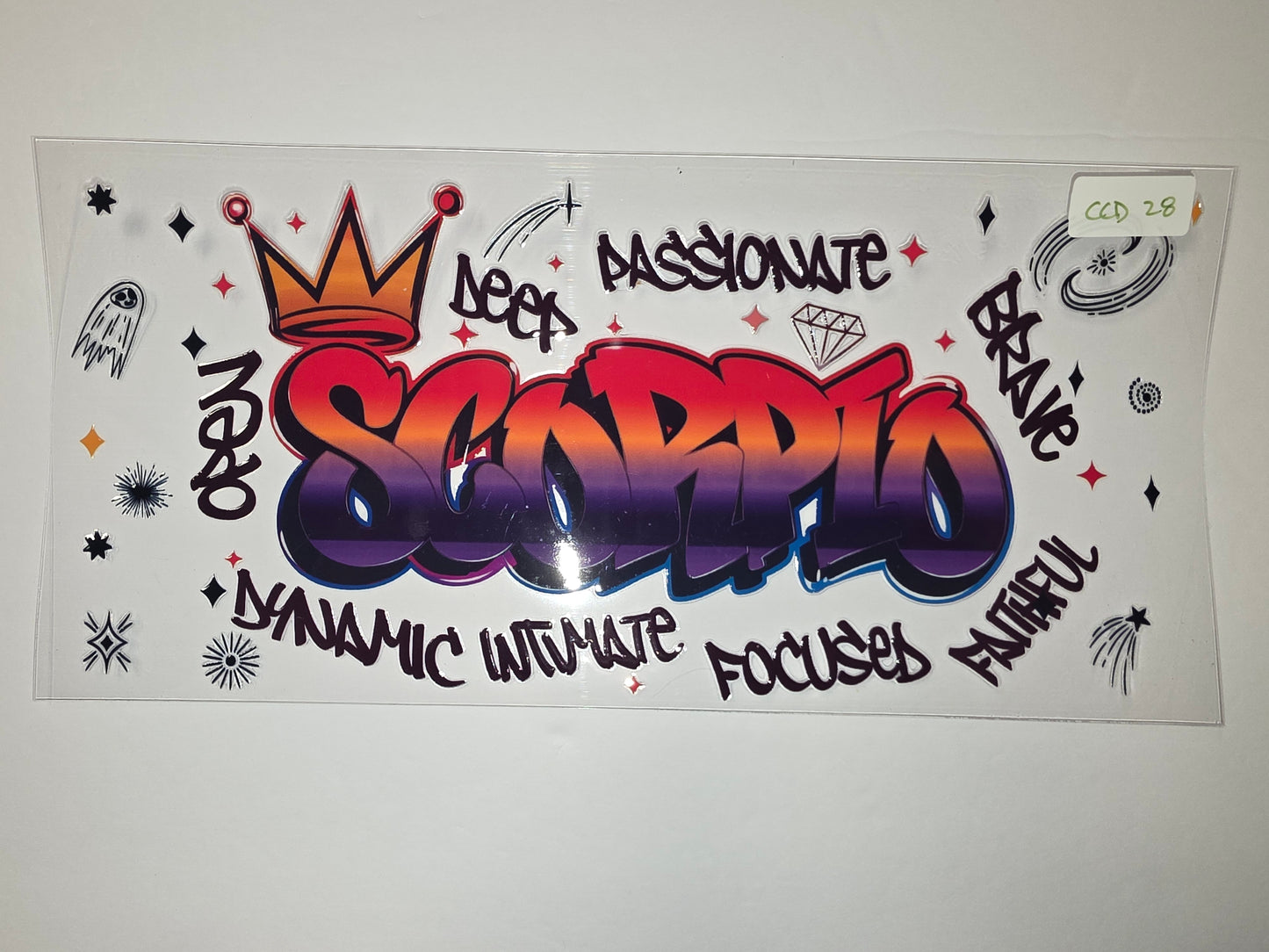 Scorpio Graffiti Tumbler Wrap - Red, Orange, Purple Gradient with Crown & Stars