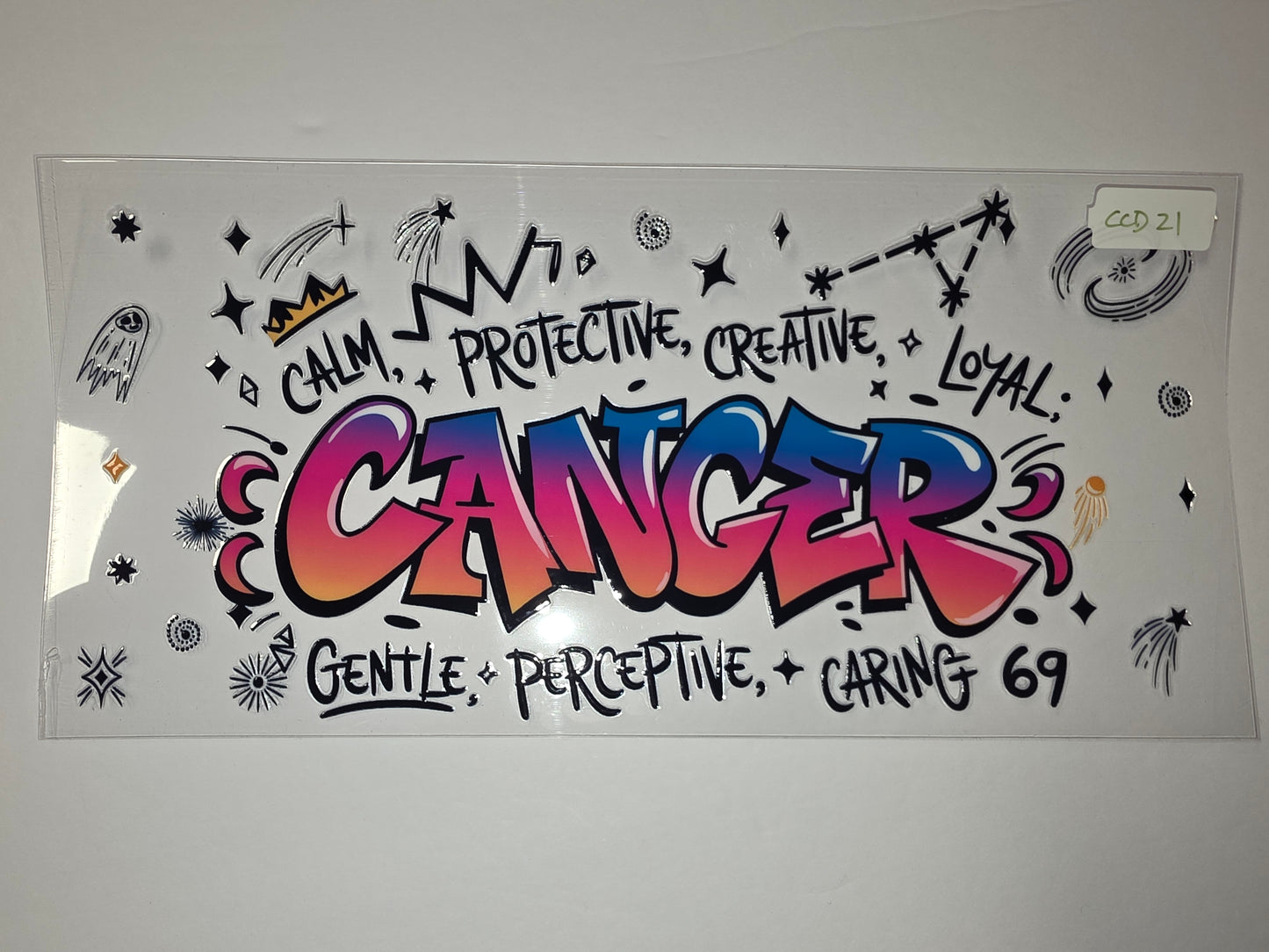 Graffiti Cancer Zodiac Tumbler Wrap - Pink, Blue, Orange Gradient with Stars & Traits