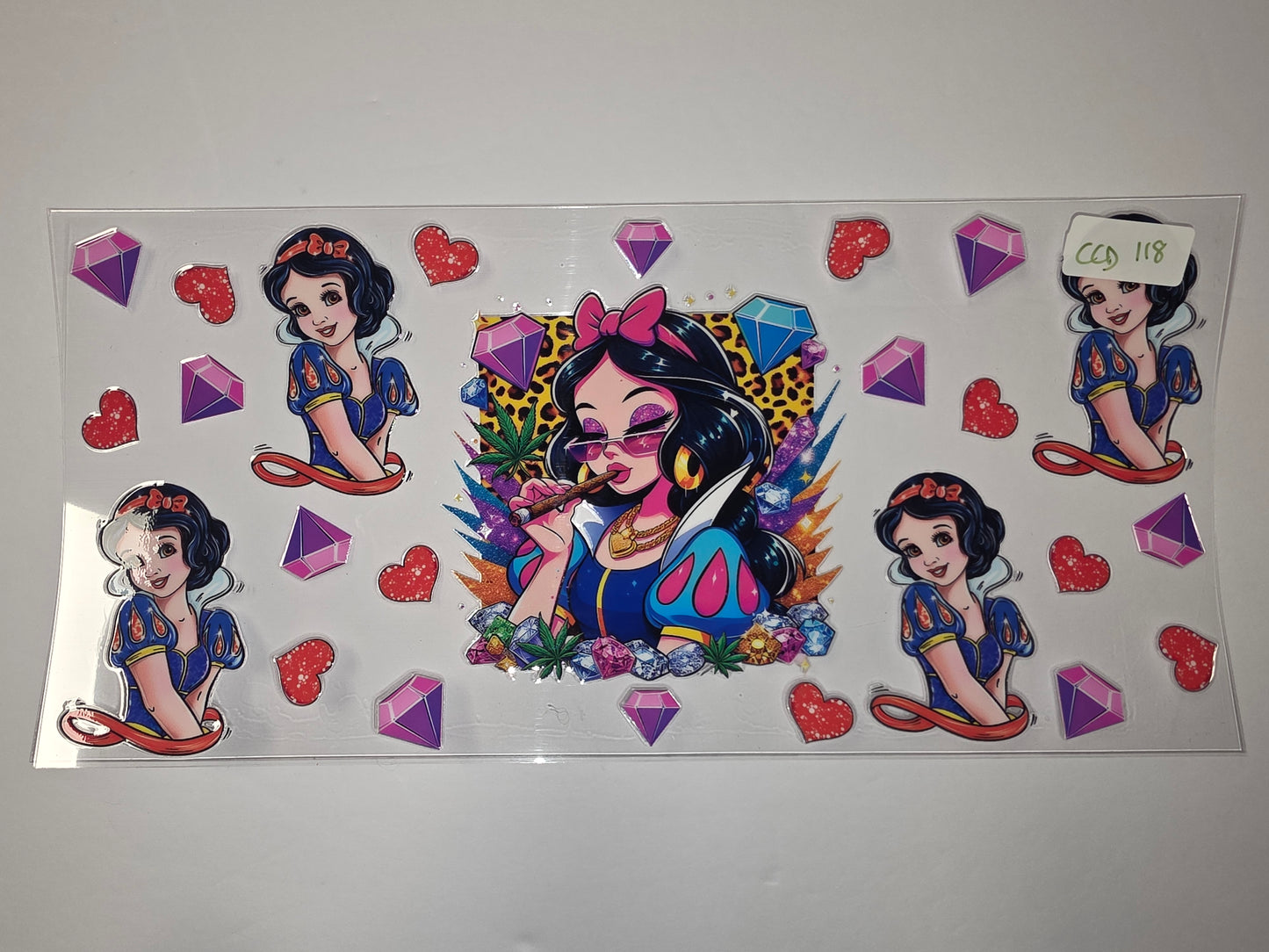 Edgy Snow White Tumbler Wrap - Diamonds, Hearts, Leopard Print & Cannabis Leaf Design
