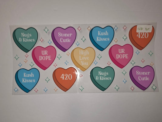 Stoner Candy Hearts Tumbler Wrap | "420", "Kush Kisses", "Stoner Cutie" Designs