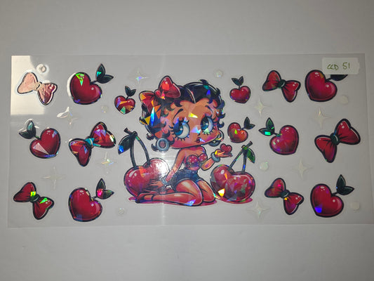 Betty Boop Cherry & Bow Holographic Tumbler Wrap | Red Hearts & Sparkle Design