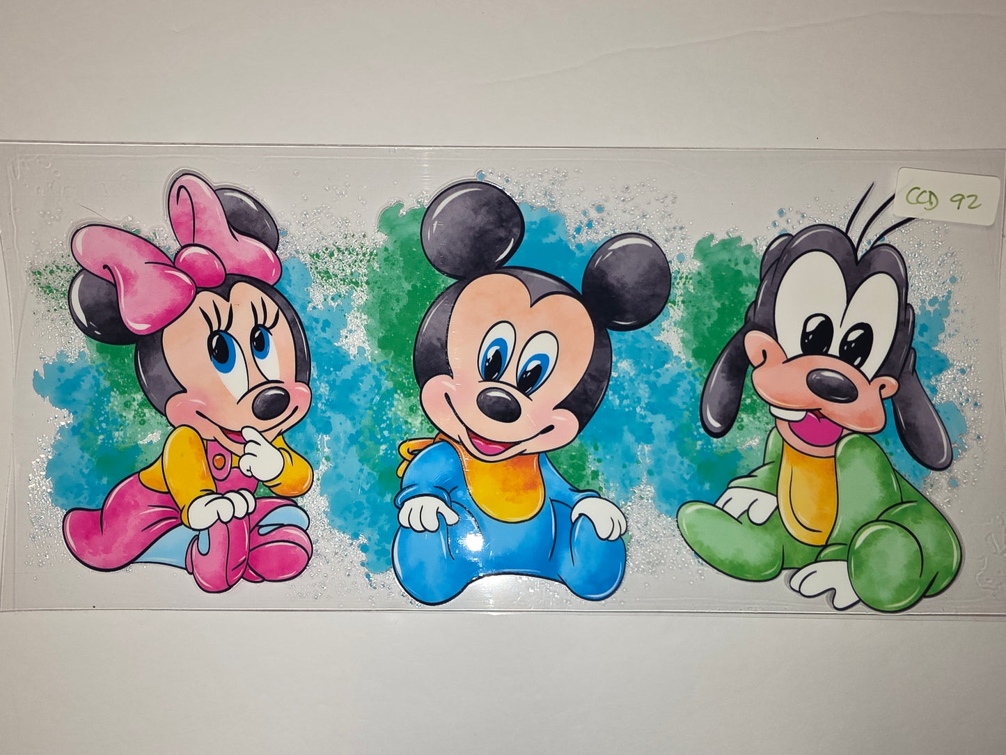 Baby Mickey, Minnie & Goofy Tumbler Wrap - Cute Cartoon Characters, Blue & Green Splatter Design