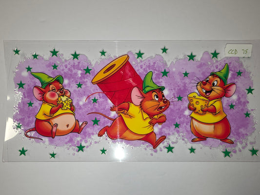 Cute Mouse Trio Tumbler Wrap | Yellow Shirt & Green Hat Design | Purple Star Background