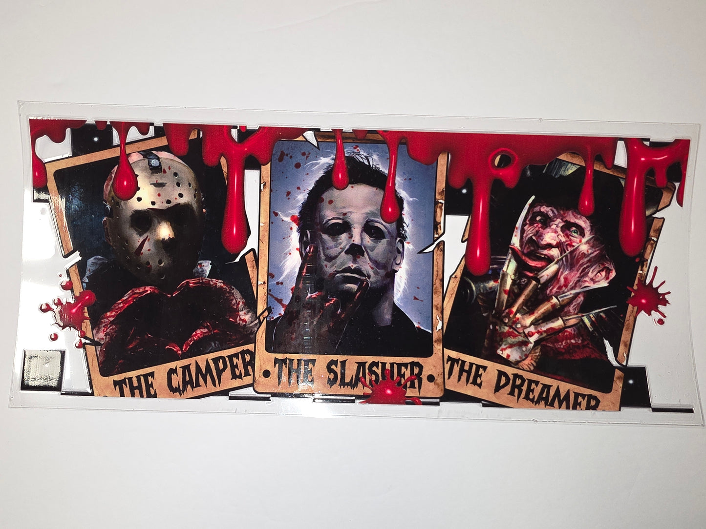 Horror Movie Icons Tumbler Wrap - Jason, Michael Myers, Freddy - Dripping Blood Design