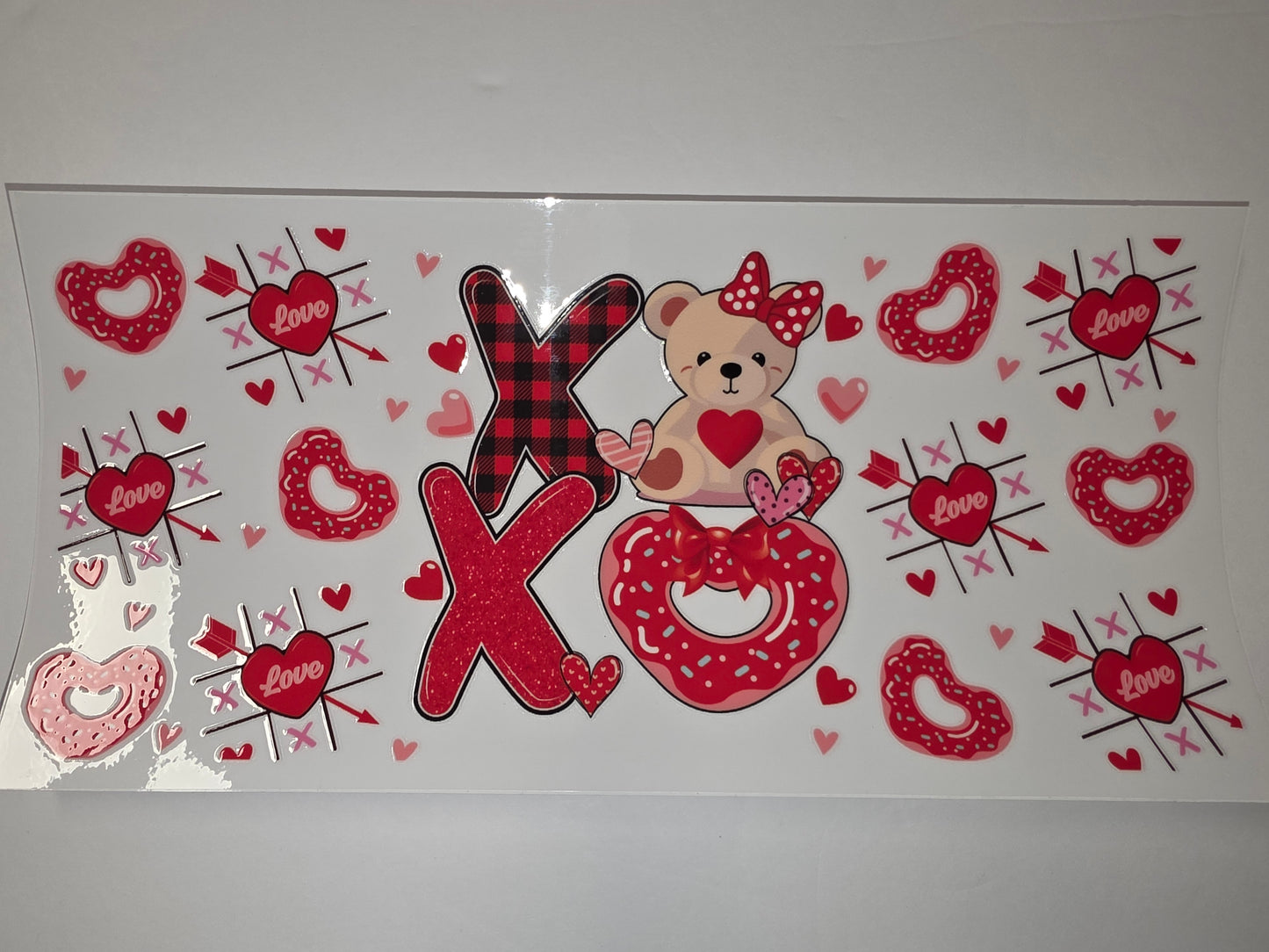 Valentine's Day Teddy Bear Donut XO Tumbler Wrap - Red, Pink, Plaid Design