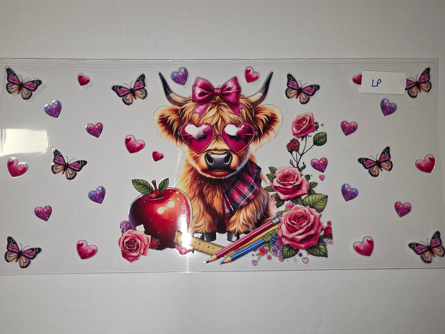 Cute Highland Cow Valentine Tumbler Wrap - Pink Roses, Hearts & Butterflies