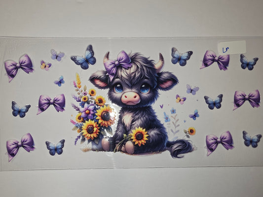 Cute Highland Cow & Butterfly Tumbler Wrap | Purple Bows & Sunflowers | Sublimation Design