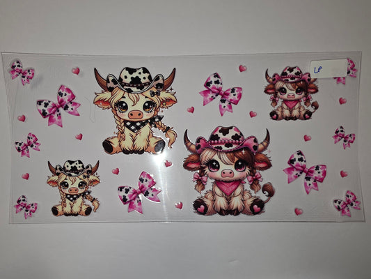 Cute Highland Cow Tumbler Wraps - Pink Cowboy Boots & Bows Design