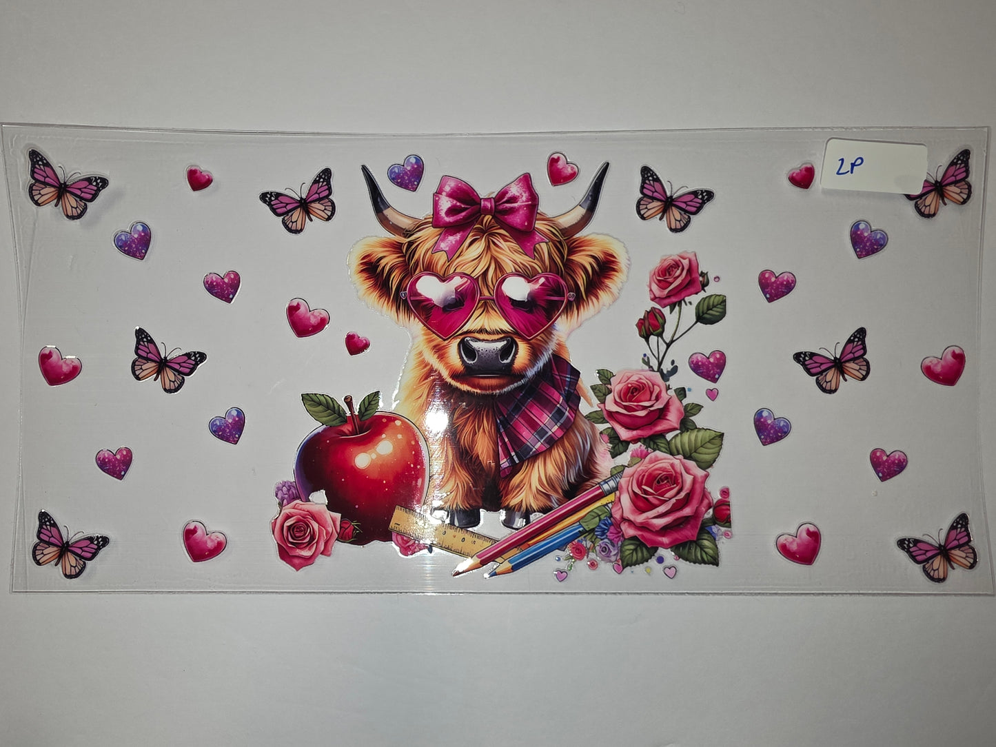 Cute Highland Cow Tumbler Wrap with Pink Hearts, Roses & Butterflies | Sublimation Design