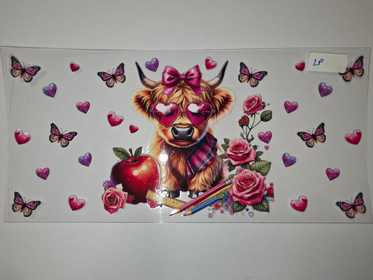 Cute Highland Cow Tumbler Wrap with Pink Hearts, Roses & Butterflies | Sublimation Design