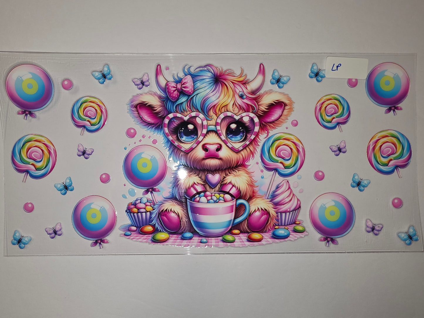 Kawaii Highland Cow Candy Lollipop Butterfly Tumbler Wrap | Pink Blue Rainbow