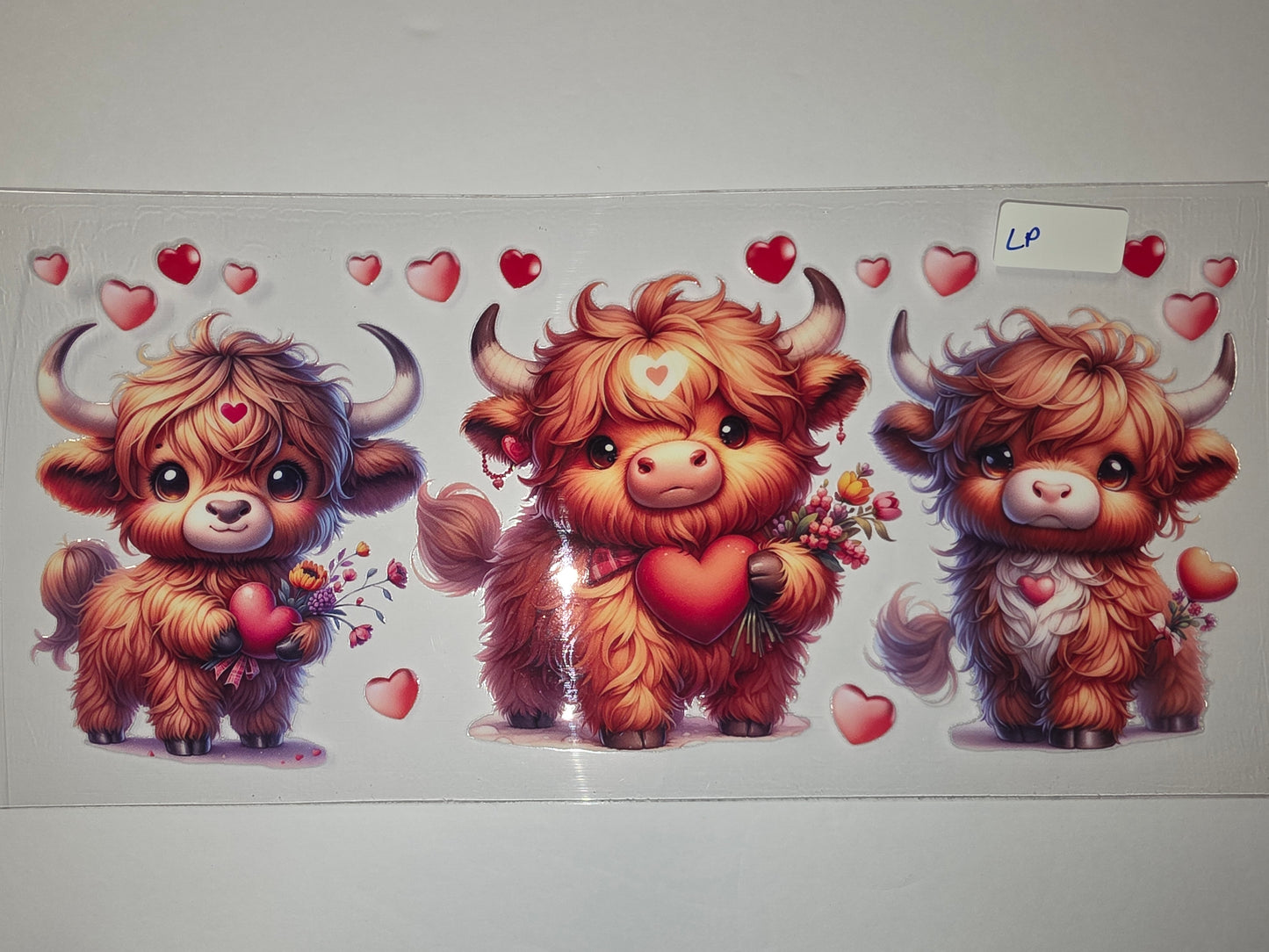 Cute Highland Cow Valentine Tumbler Wrap - Hearts & Flowers Design