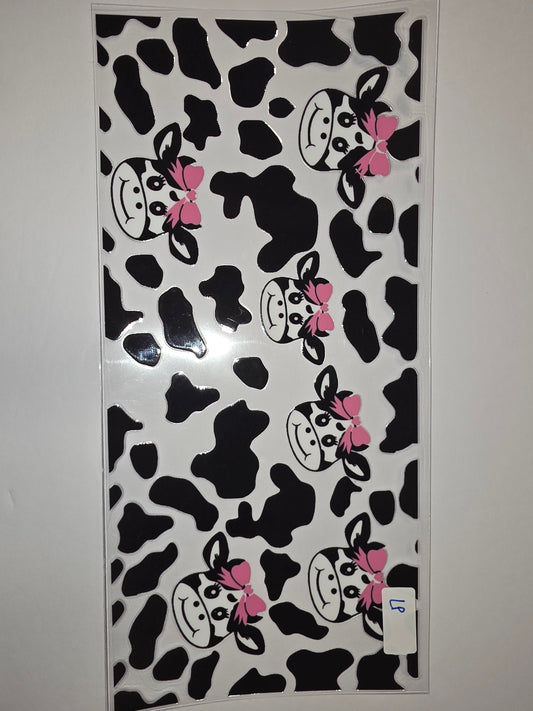 Cute Cow Print Tumbler Wrap with Pink Bows - Black & White Farm Animal Design