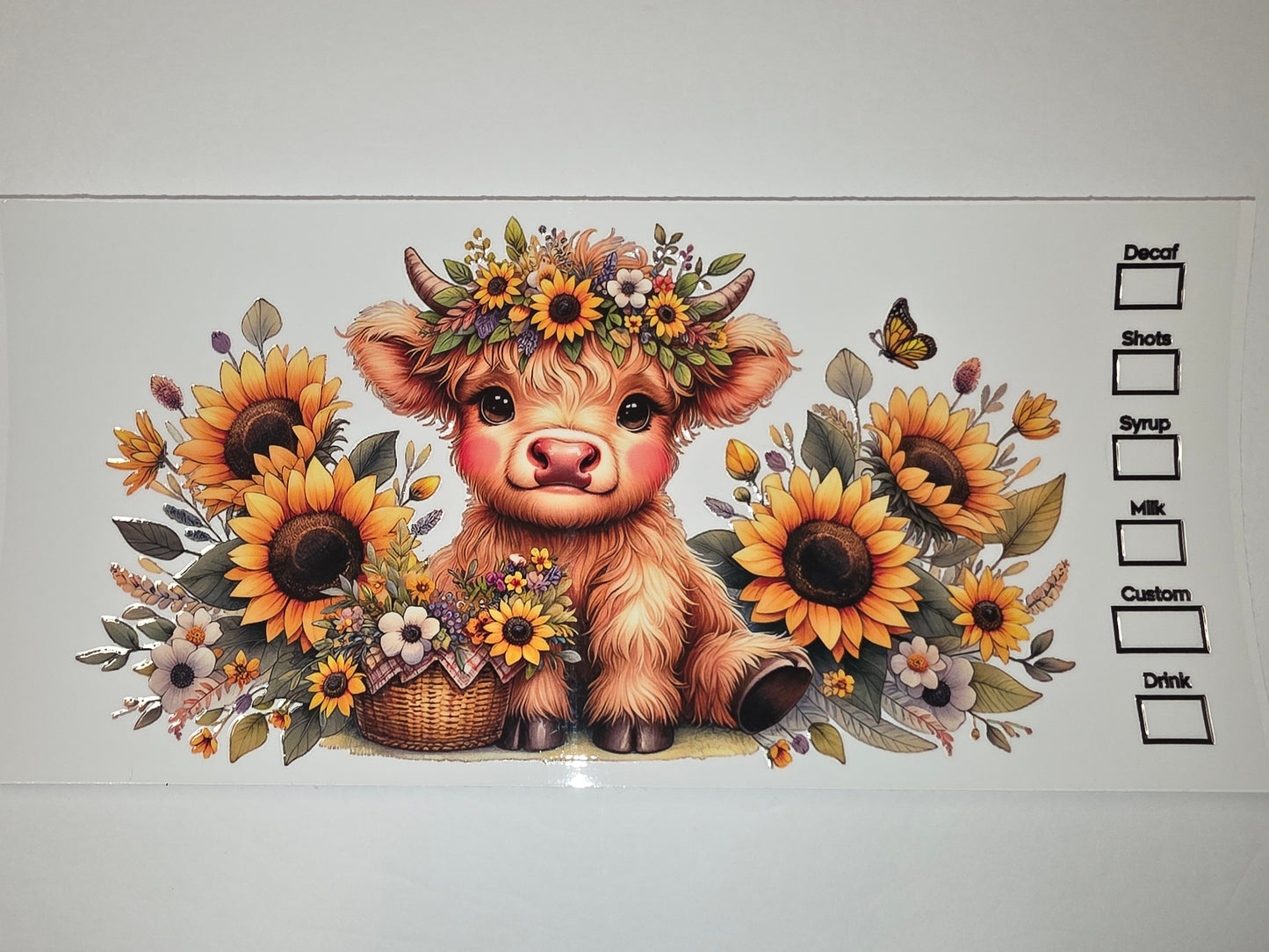 Cute Highland Cow Sunflower Floral Tumbler Wrap | Boho Farmhouse Drinkware Design