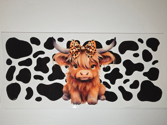 Cute Highland Cow Tumbler Wrap - Leopard Bow & Cow Print Design