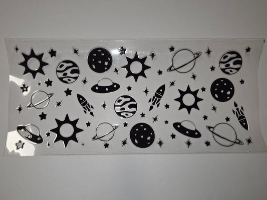 Black & Silver Space Theme Tumbler Wrap | Planets, Rockets, UFOs & Stars