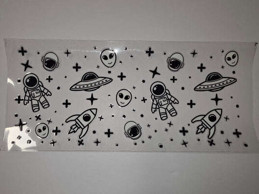 Cute Space Adventure Tumbler Wrap | Astronaut, Alien, Rocket, UFO Design | Black & White