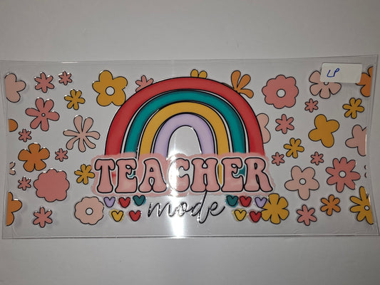 Retro Rainbow Teacher Mode Tumbler Wrap | Groovy Flowers & Hearts | Pink, Orange, Yellow, Teal