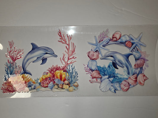 Dolphin & Seashell Tumbler Wrap - Ocean Coral Design - Blue, Pink, White