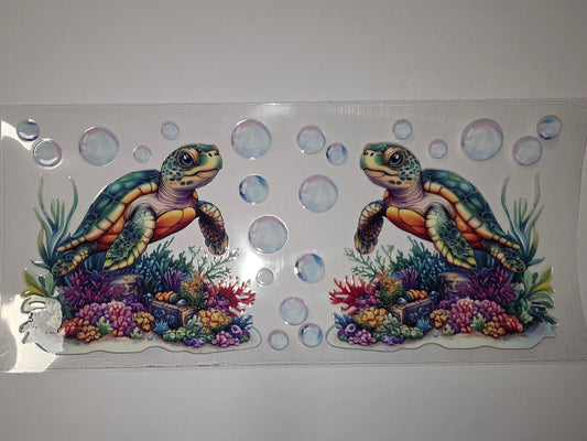 Sea Turtle Coral Reef Tumbler Wrap - Vibrant Ocean Design with Bubbles