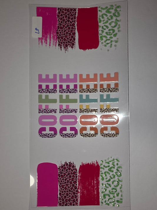 Coffee Lover Tumbler Wrap - Pink, Green Leopard Print & Brush Strokes Sublimation Design