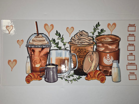 Coffee & Croissant Tumbler Wrap | Latte Art, Hearts, Leopard Print | Drink Lover Gift