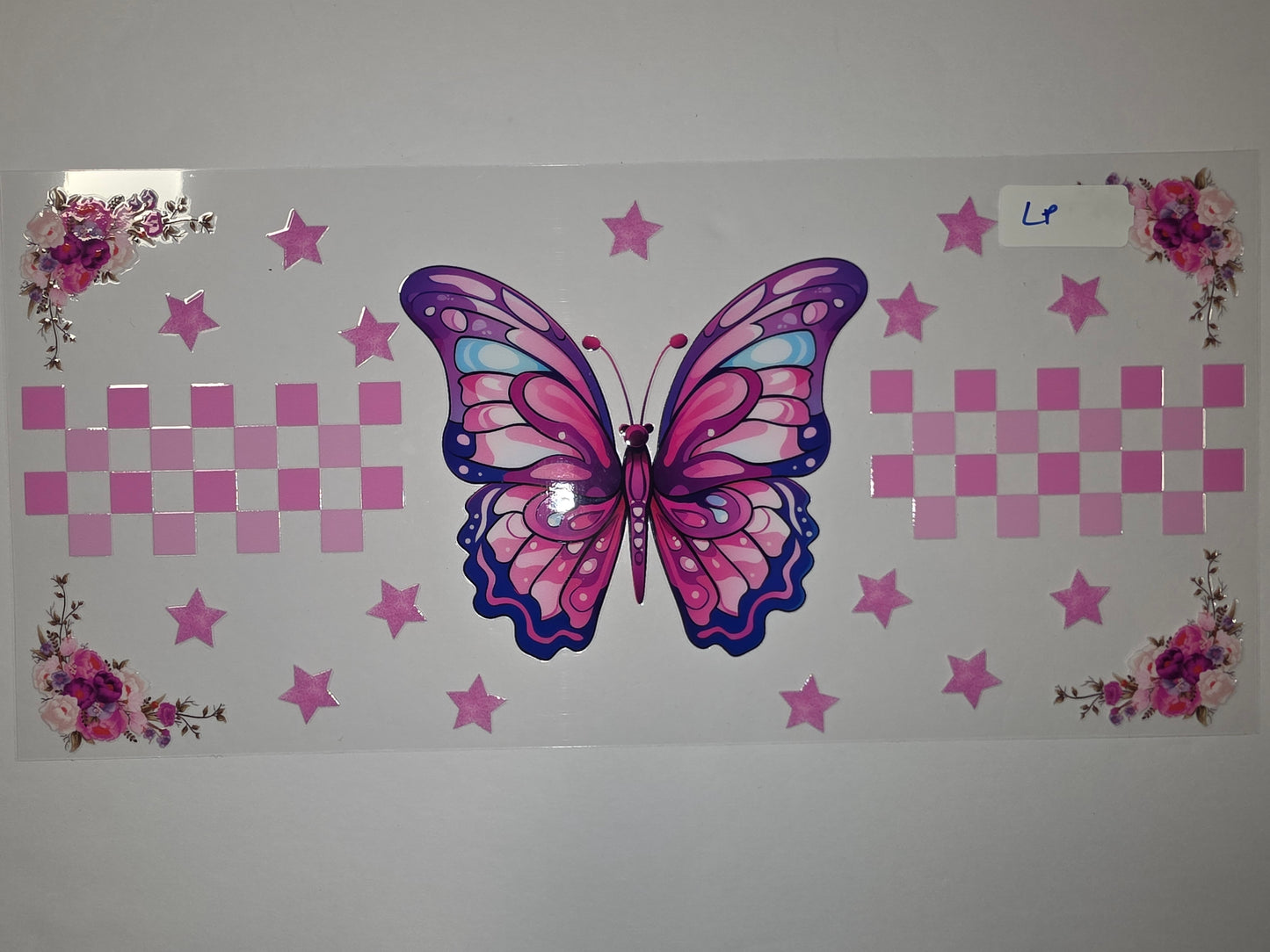 Pink Butterfly & Floral Tumbler Wrap | Stars & Pink Checkered Design | Sublimation Cup Decal