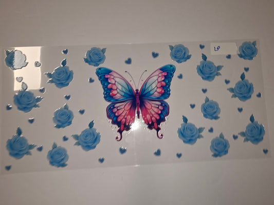 Vibrant Butterfly & Blue Roses Tumbler Wrap | Floral Hearts Drinkware Design