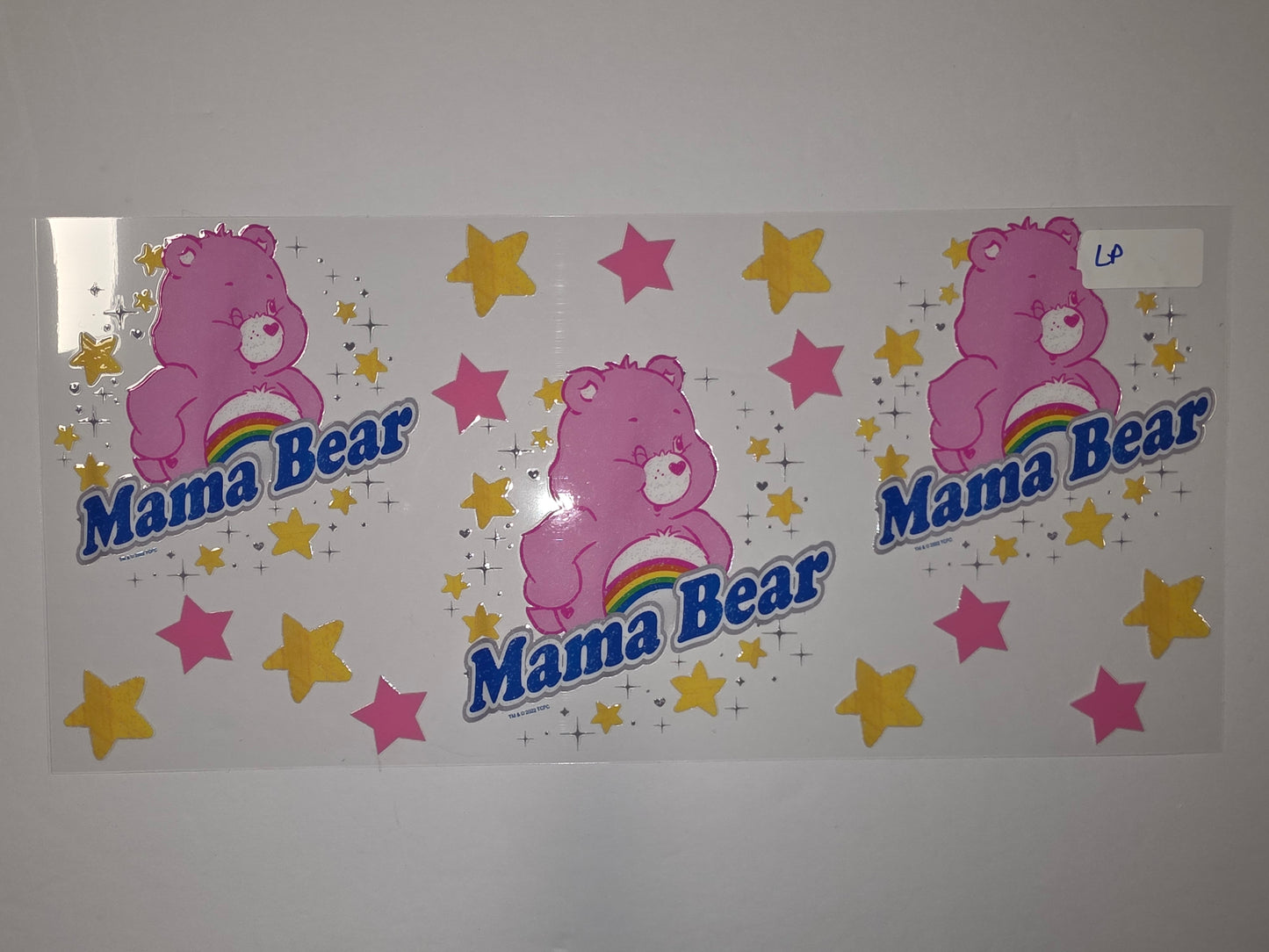 Pink Mama Bear Rainbow Stars Tumbler Wrap | Cute Care Bear Style Drinkware Design