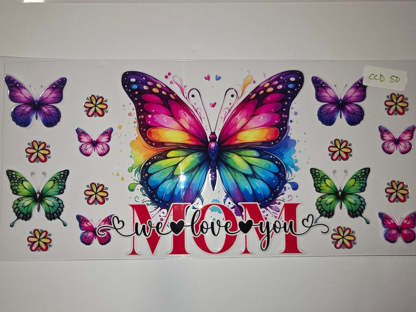Vibrant Rainbow Butterfly "We Love You Mom" Tumbler Wrap - Floral & Heart Accents