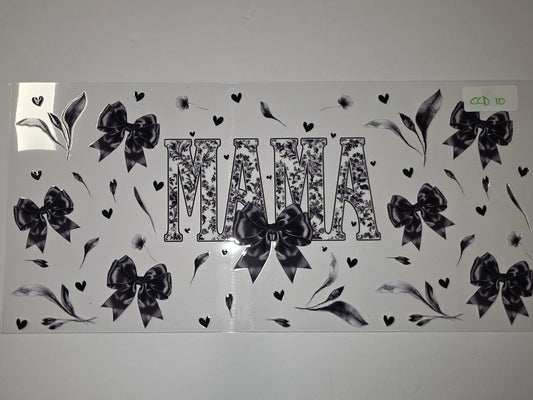 Black & White Floral Mama Tumbler Wrap with Bows and Hearts - Sublimation Design