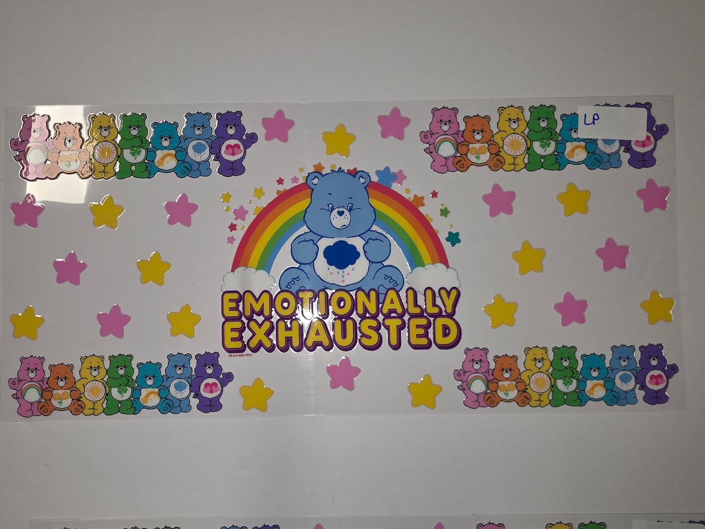Emotionally Exhausted Care Bears Tumbler Wrap | Rainbow & Stars Design | Nostalgic Drinkware Decal