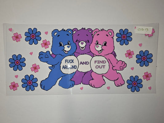 Retro Bears "Fuck Around Find Out" Tumbler Wrap - Pink, Purple, Blue Flowers