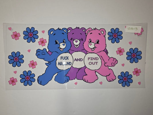 Retro Flower & Bear "Fuck Around Find Out" Tumbler Wrap | Pink, Purple, Blue