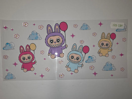 Cute Bunny Character Tumbler Wrap - Pink, Purple, Blue, Yellow - Whimsical Clouds & Stars