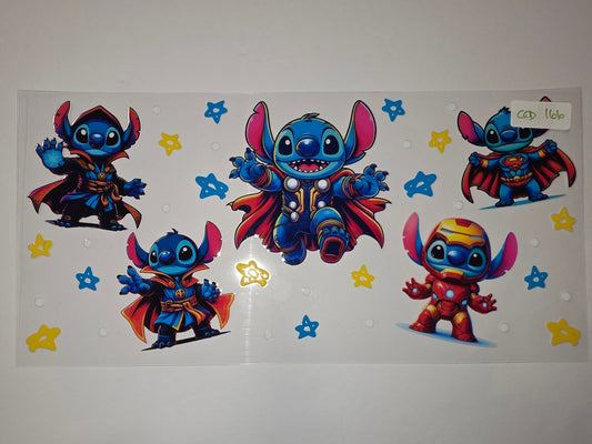 Stitch Superhero Tumbler Wrap | Doctor Strange, Thor, Superman, Iron Man Designs | Blue, Red, Yellow Stars