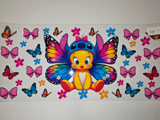 Cute Tweety Bird Butterfly Wings Tumbler Wrap | Pink Bows & Flowers Design