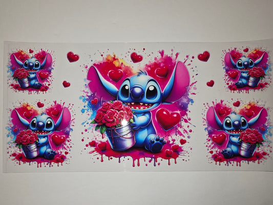 Cute Stitch Valentine's Day Tumbler Wrap - Pink Hearts & Roses Design