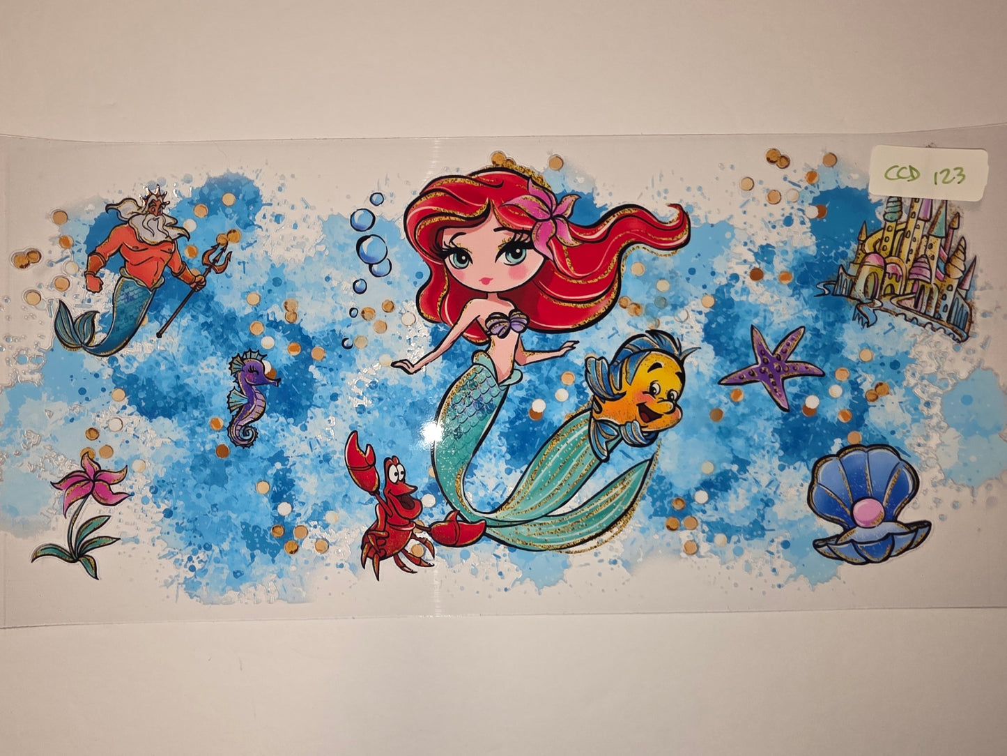 Enchanting Mermaid Ariel & Friends Tumbler Wrap - Blue Watercolor & Gold Glitter