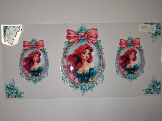 Ariel Mermaid Tumbler Wrap | Red Hair Princess with Teal Dress & Pink Bow | Watercolor Style