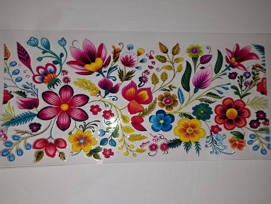 Vibrant Folk Floral Tumbler Wrap - Pink, Yellow, Blue, Orange Flowers & Leaves