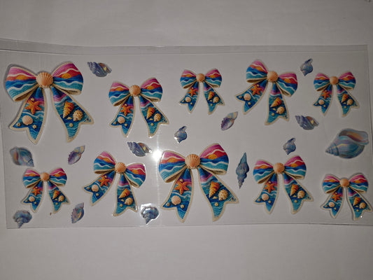 Beach Sunset Bow Tumbler Wrap | Seashell & Starfish Design | Vibrant Ocean Colors